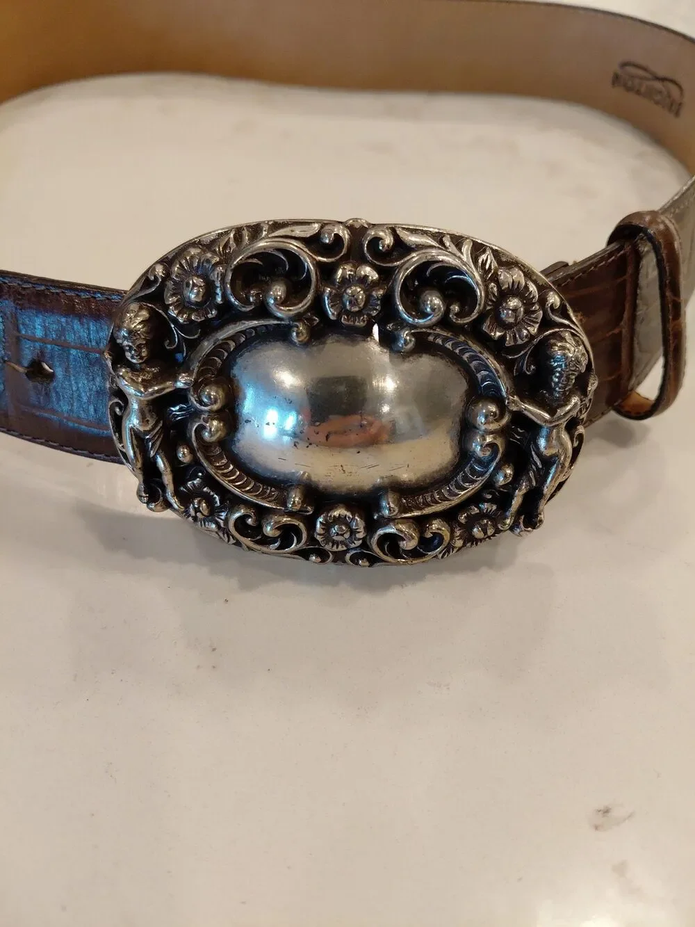 Brighton Ornate Silver Tone Belt Buckle with Brown Leather Belt
